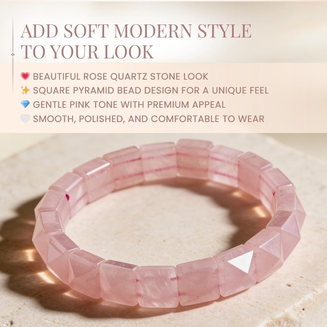 Natural Rose Quartz Crystal Bracelet | Certified Square Pyramid Beads Bracelet for Men & Women | Love, Relationship, Marriage & Emotional Healing