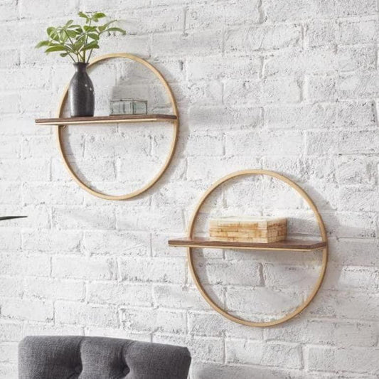 "Sahaj Hast Wall Mount Circle Geometric Shelf – Modern Wood &amp; Metal Design, Set of 2, for Living Room or Study" - ART AKASHA STUDIO