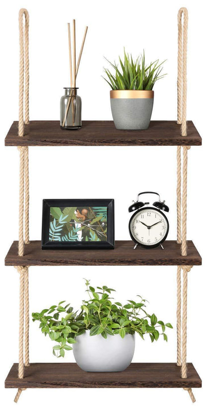 Wood Hanging Shelf Wall Swing Storage Shelves Jute Rope Organizer Rack, 3 Tier - ART AKASHA STUDIO