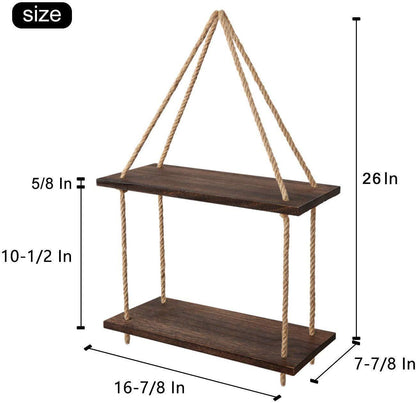 Wood Hanging Shelf Wall Swing Storage Shelves Jute Rope Organizer Rack, 2 Tier - ART AKASHA STUDIO