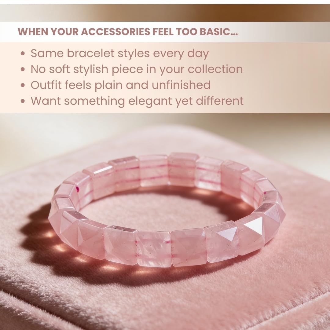 Natural Rose Quartz Crystal Bracelet | Certified Square Pyramid Beads Bracelet for Men & Women | Love, Relationship, Marriage & Emotional Healing