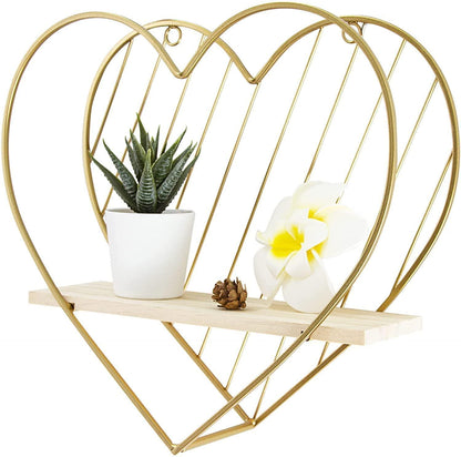Gold Metal Heart wooden Floating wall Shelves - ART AKASHA STUDIO