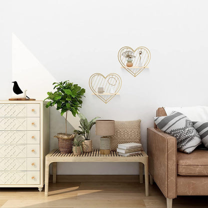 Gold Metal Heart wooden Floating wall Shelves - ART AKASHA STUDIO