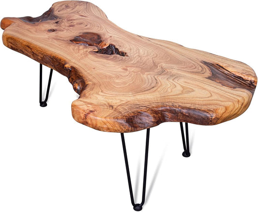 Sahaj Hast Modern Coffee Table with Natural Wood Edge and Hairpin Legs - ART AKASHA STUDIO