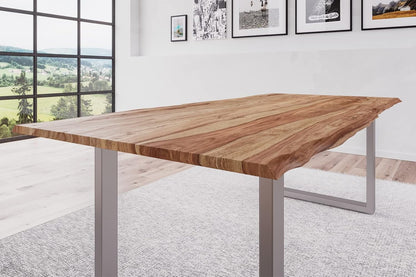 Sahajhast Solid Sheesham Wood Dining Table with Real Wane Edge and Silver U-Frame Base – Natural Finish - ART AKASHA STUDIO