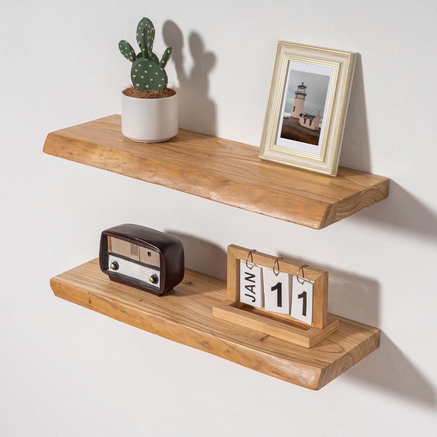Live Edge Rustic Solid Elm Wood Floating 1 piece Shelves – Wall Mounted with Invisible Bracket | Natural Finish by Sahaj Hast - ART AKASHA STUDIO