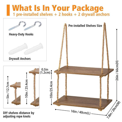 Wood Hanging Shelf Wall Swing Storage Shelves Jute Rope Organizer Rack, 2 Tier - ART AKASHA STUDIO