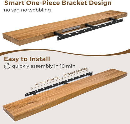 Live Edge Rustic Solid Elm Wood Floating 1 piece Shelves – Wall Mounted with Invisible Bracket | Natural Finish by Sahaj Hast - ART AKASHA STUDIO