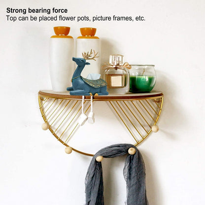 Golden D Shape Floating Wall Mounted with Wooden Hooks - ART AKASHA STUDIO