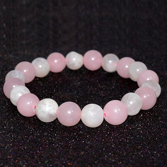 Rose Quartz & Moonstone Bracelet – 8mm Round Beads | Calming & Love Energy - ART AKASHA STUDIO
