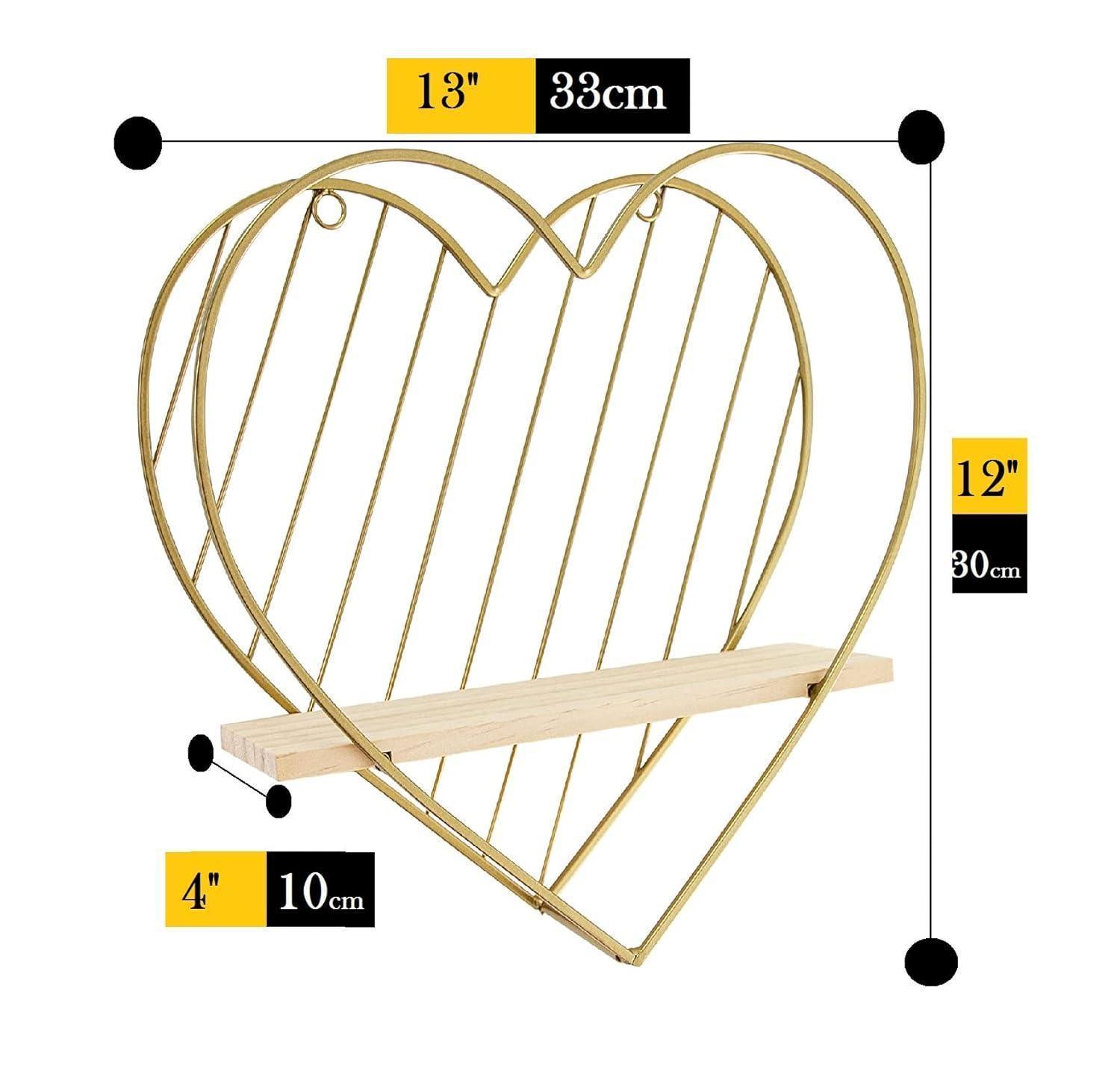 Gold Metal Heart wooden Floating wall Shelves - ART AKASHA STUDIO