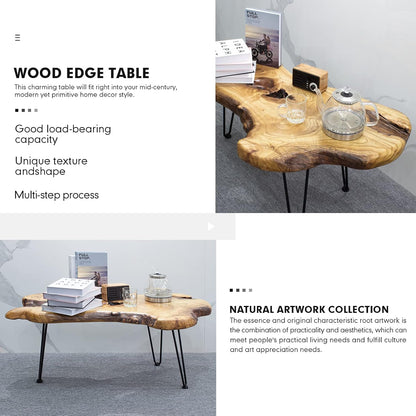 Sahaj Hast Modern Coffee Table with Natural Wood Edge and Hairpin Legs - ART AKASHA STUDIO