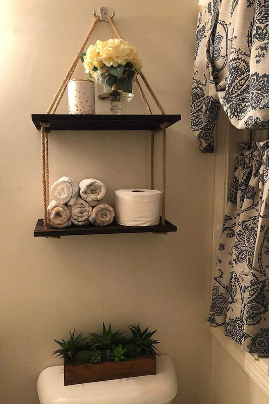 Wood Hanging Shelf Wall Swing Storage Shelves Jute Rope Organizer Rack, 2 Tier - ART AKASHA STUDIO