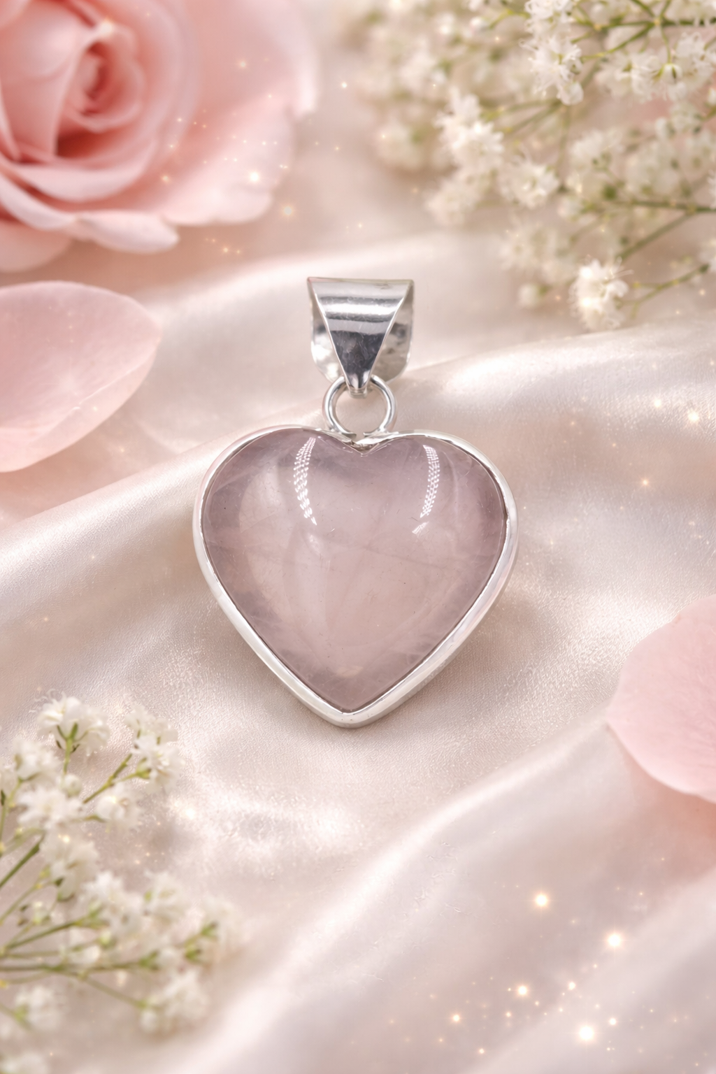 Handmade Rose Quartz Heart Pendant – Silver Coated Natural Pink Gemstone | Symbol of Love | Elegant Gift for Her - ART AKASHA STUDIO