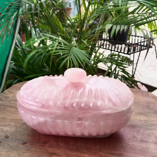 Natural Rose Quartz Oval Trinket Box with Lid | Handcrafted Gemstone Storage Box | Luxury Crystal Décor - ART AKASHA STUDIO