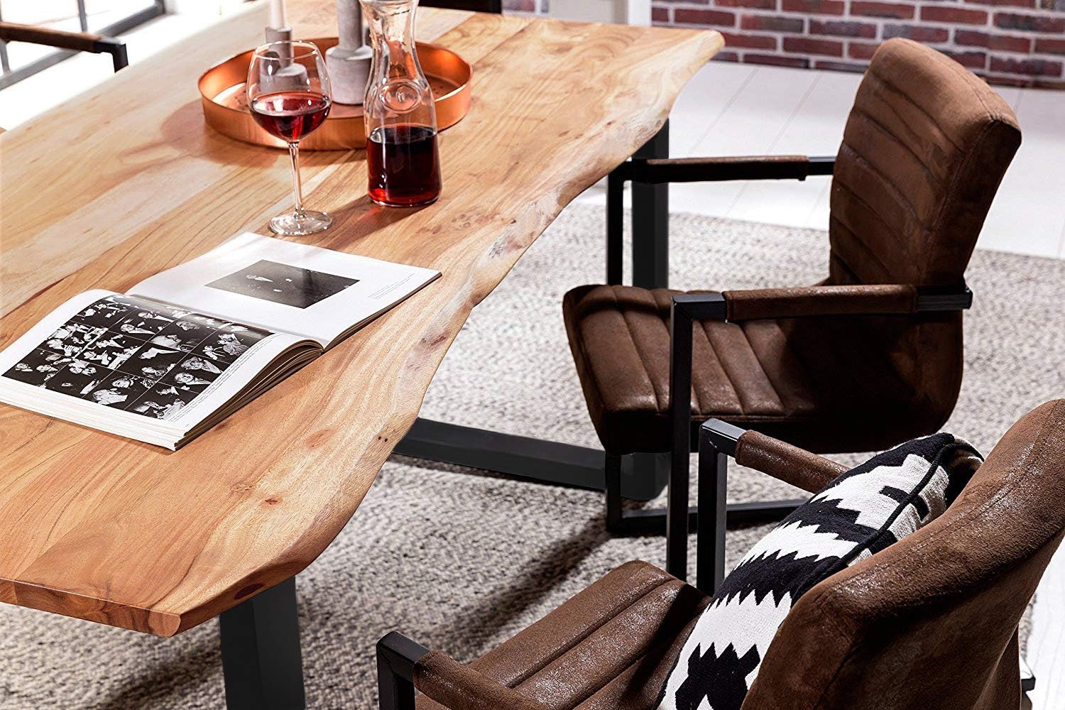 Sahajhast Solid Acacia Wood Dining Table with Real Wane Edge and Metal Legs – Natural Finish - ART AKASHA STUDIO