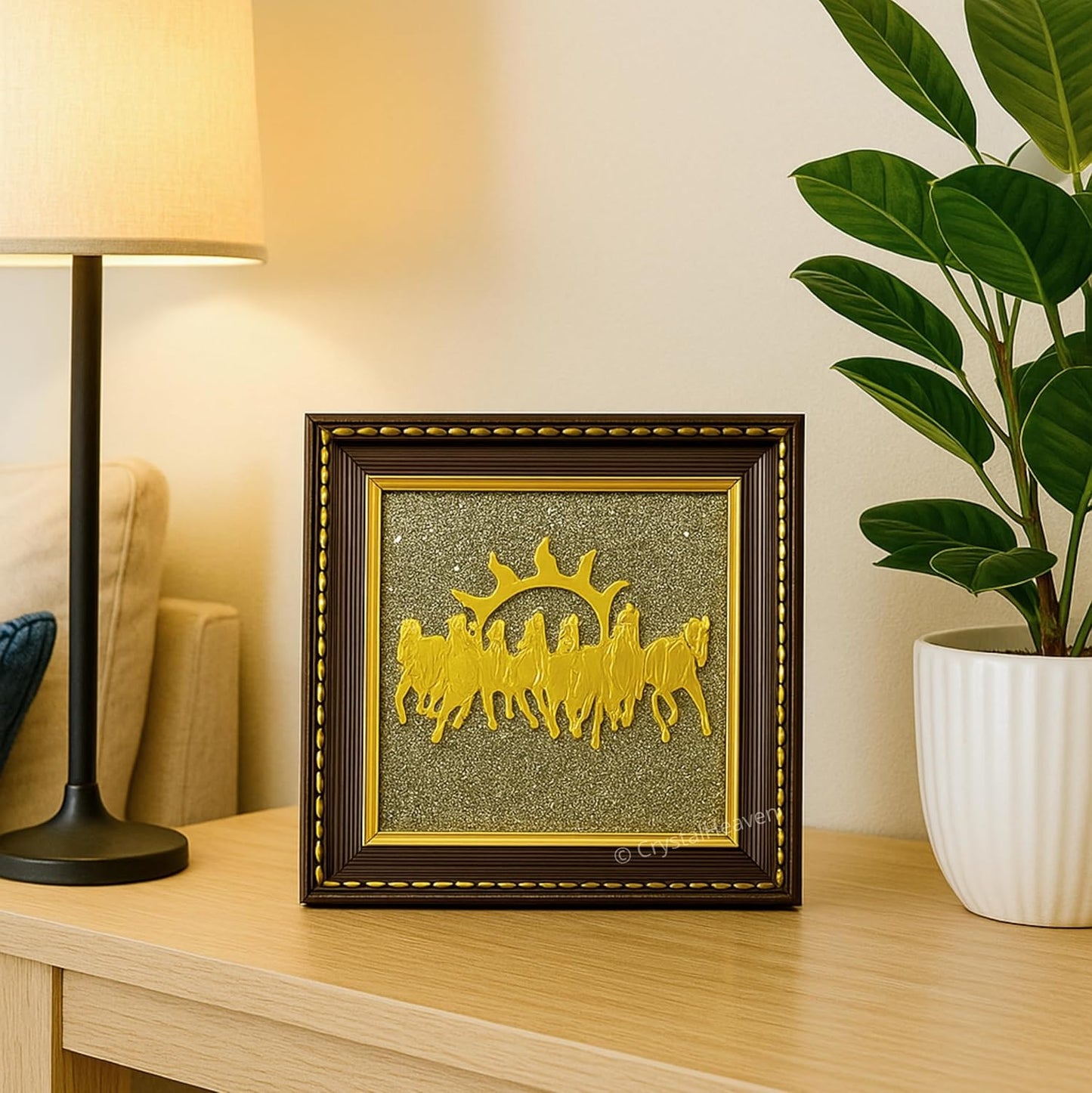 Pyrite 7 Horse Dust Frame – Wealth, Success & Positive Energy Wall Décor | Vastu & Feng Shui | Handmade Luxury Frame