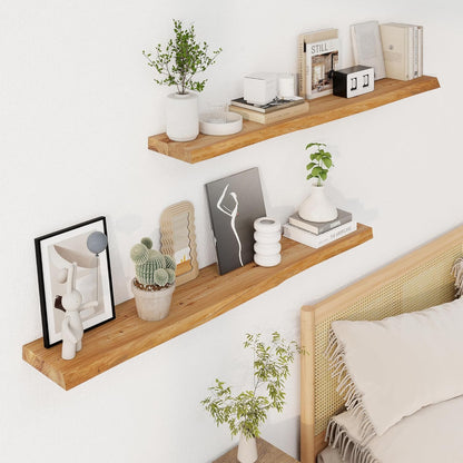 Live Edge Rustic Solid Elm Wood Floating 1 piece Shelves – Wall Mounted with Invisible Bracket | Natural Finish by Sahaj Hast - ART AKASHA STUDIO