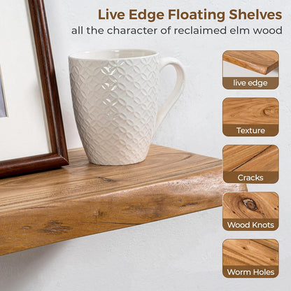 Live Edge Rustic Solid Elm Wood Floating 1 piece Shelves – Wall Mounted with Invisible Bracket | Natural Finish by Sahaj Hast - ART AKASHA STUDIO