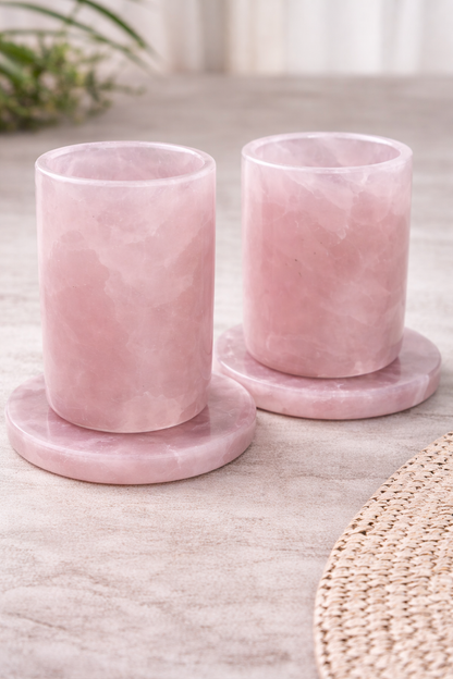 Rose Quartz Glass Set of 2 with Coasters | Handmade Gemstone Drinkware | Luxury Gift Set - ART AKASHA STUDIO