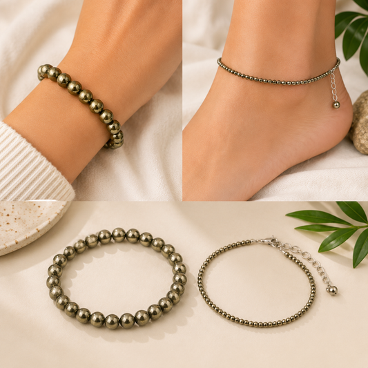 Pyrite Bracelet & Anklet Couple Combo | Natural Pyrite Crystal Jewelry Set for Men & Women | Protection, Prosperity & Positive Energy - ART AKASHA STUDIO