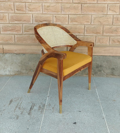 Sahaj Hast Wooden Rattan Wicker Cane Upholstered Armchair with Cushion - ART AKASHA STUDIO