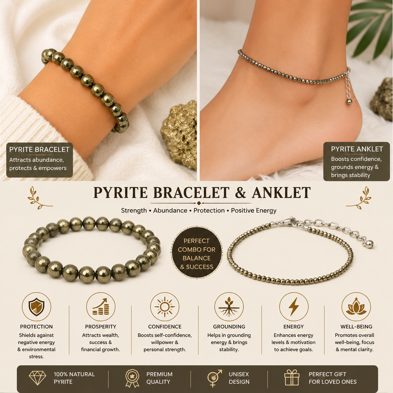 Pyrite Bracelet & Anklet Couple Combo | Natural Pyrite Crystal Jewelry Set for Men & Women | Protection, Prosperity & Positive Energy