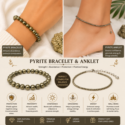 Pyrite Bracelet & Anklet Couple Combo | Natural Pyrite Crystal Jewelry Set for Men & Women | Protection, Prosperity & Positive Energy
