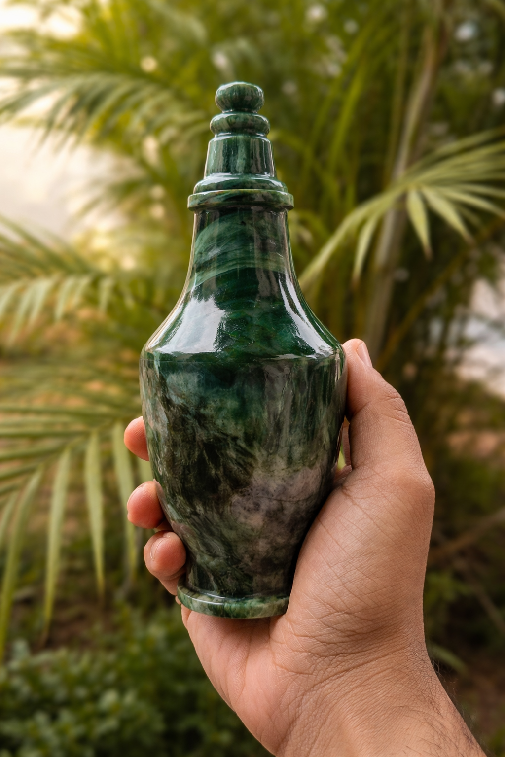 Green Moss Agate Surai (Stone Bottle) – Handcrafted Mughal Style Decorative Surahi for Luxury Décor & Gifting - ART AKASHA STUDIO