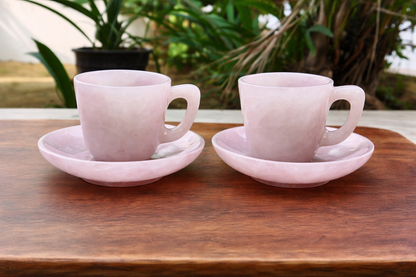 Rose Quartz Cup & Saucer Set of 2 – Handmade Gemstone Tea Cups with Velvet Gift Box | Luxury Gifting & Home Décor - ART AKASHA STUDIO