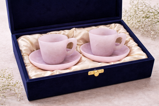 Rose Quartz Cup & Saucer Set of 2 – Handmade Gemstone Tea Cups with Velvet Gift Box | Luxury Gifting & Home Décor