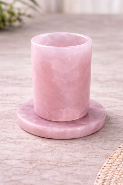 Rose Quartz Glass Set of 2 with Coasters | Handmade Gemstone Drinkware | Luxury Gift Set - ART AKASHA STUDIO