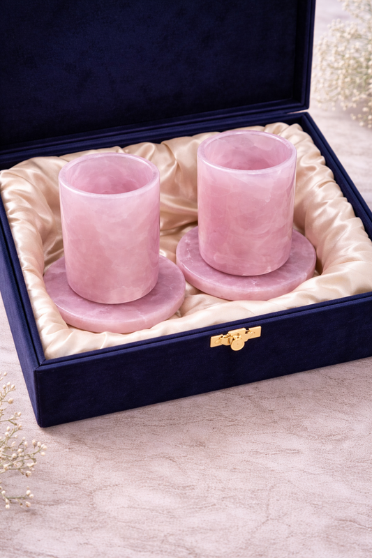 Rose Quartz Glass Set of 2 with Coasters | Handmade Gemstone Drinkware | Luxury Gift Set