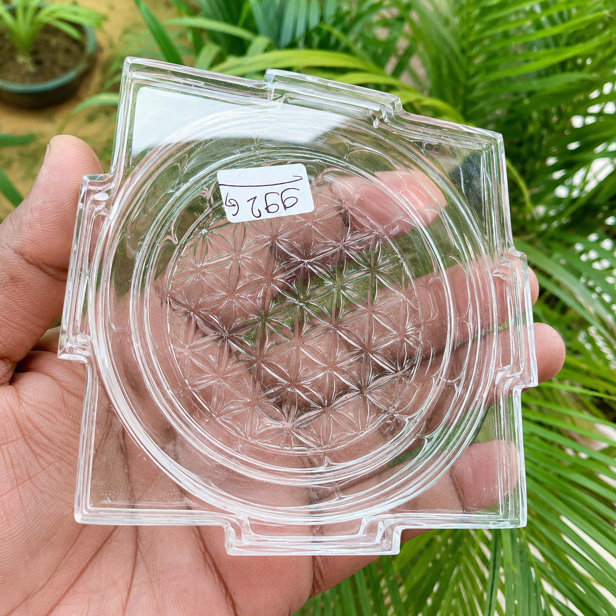 Natural Clear Quartz Shree Yantra | Hand-Carved Sacred Geometry Crystal | 992g | Luxury Vastu & Meditation Décor