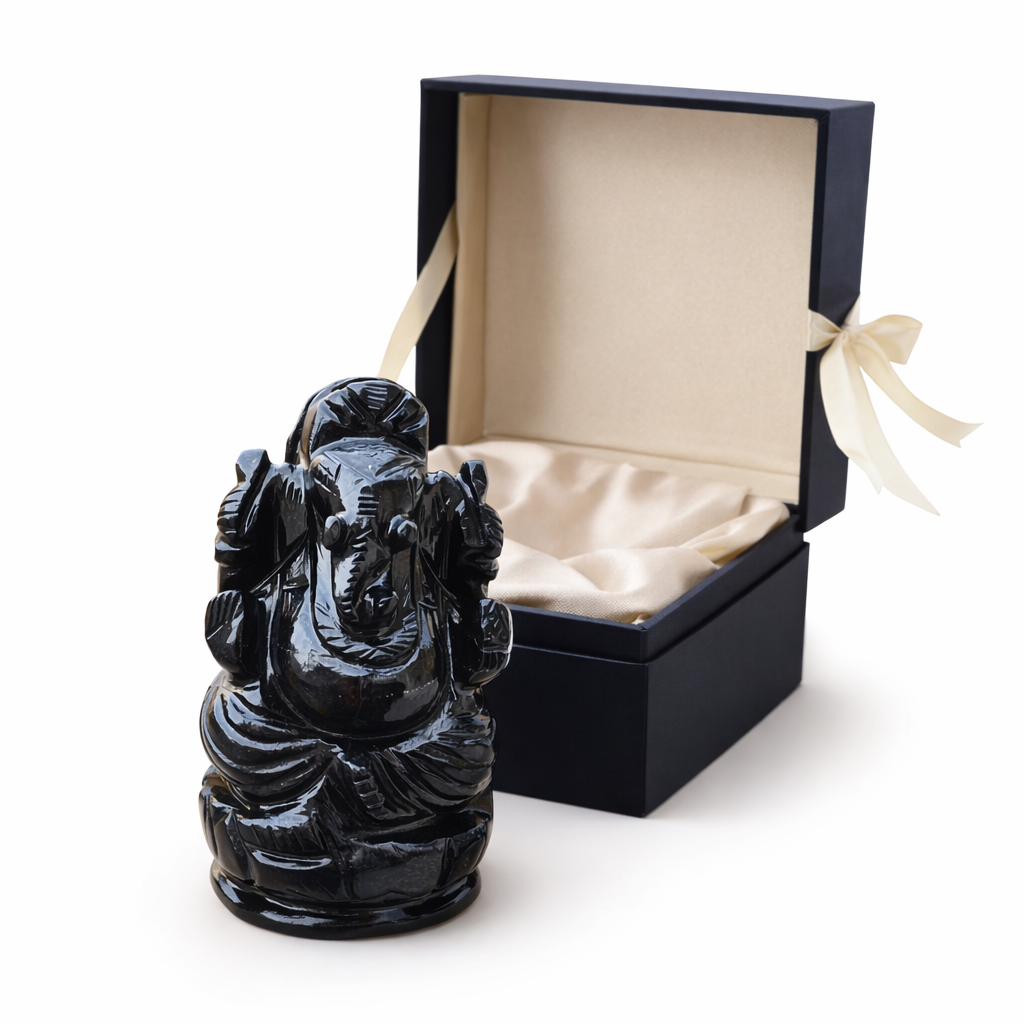 Handcarved Black Agate Ganesha Statue with Gifting Box - ART AKASHA STUDIO