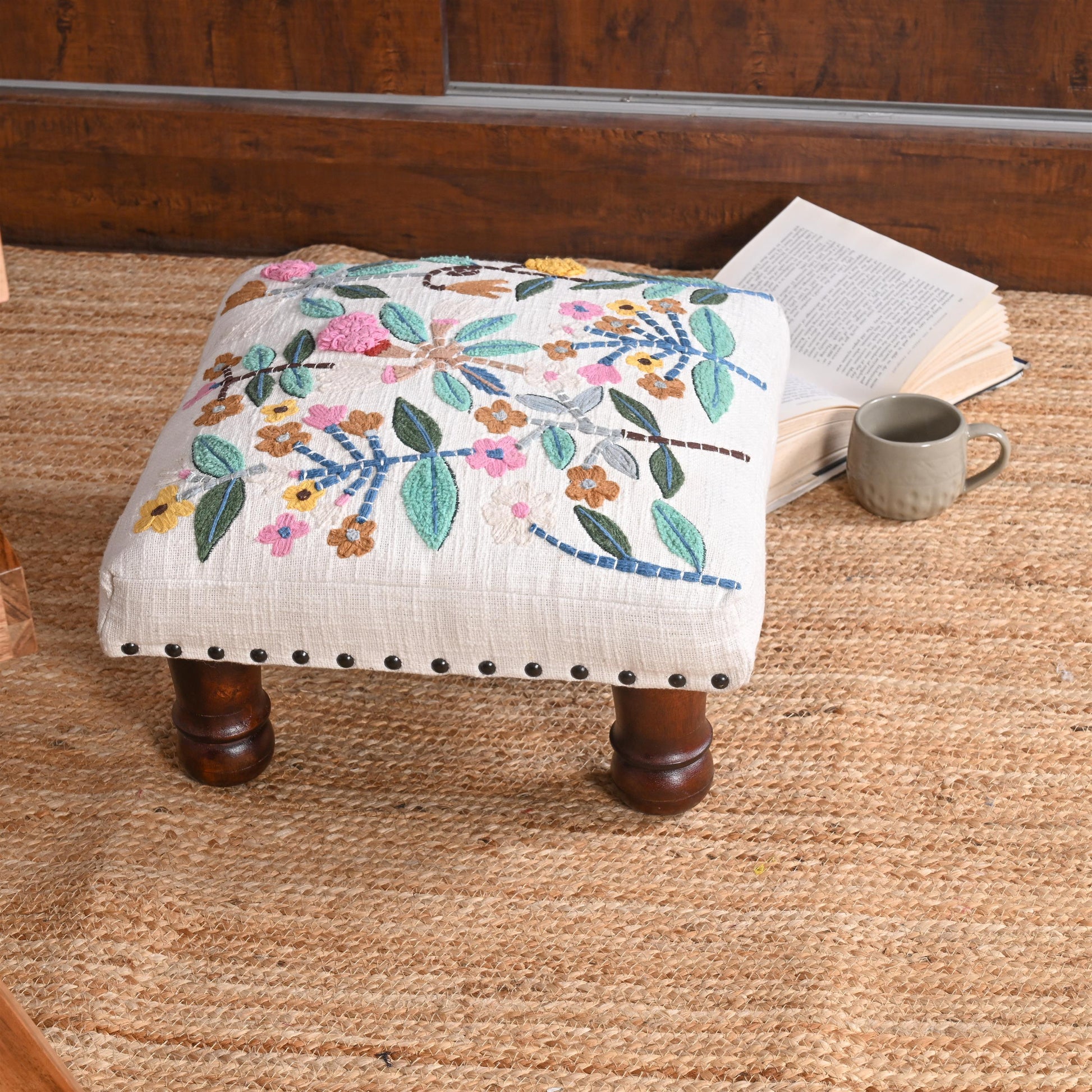 Handcrafted Floral Embroidered Wooden Stool – Export quality-Inspired Footrest with Artistic Design - ART AKASHA STUDIO