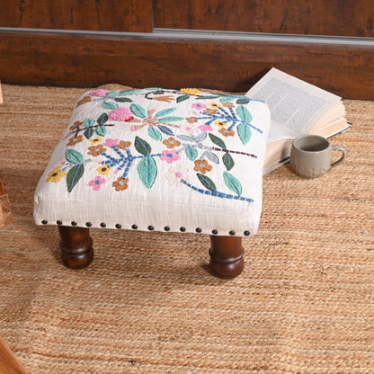 Handcrafted Floral Embroidered Wooden Stool – Export quality-Inspired Footrest with Artistic Design - ART AKASHA STUDIO