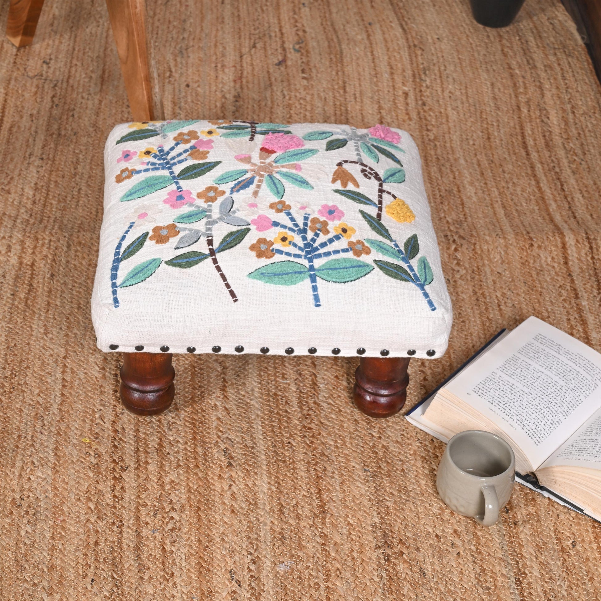 Handcrafted Floral Embroidered Wooden Stool – Export quality-Inspired Footrest with Artistic Design - ART AKASHA STUDIO