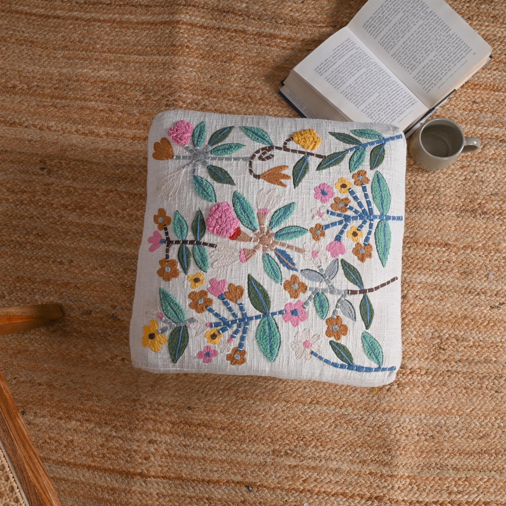 Handcrafted Floral Embroidered Wooden Stool – Export quality-Inspired Footrest with Artistic Design - ART AKASHA STUDIO