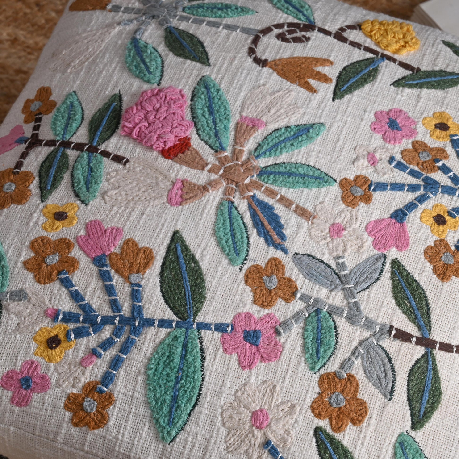 Handcrafted Floral Embroidered Wooden Stool – Export quality-Inspired Footrest with Artistic Design - ART AKASHA STUDIO