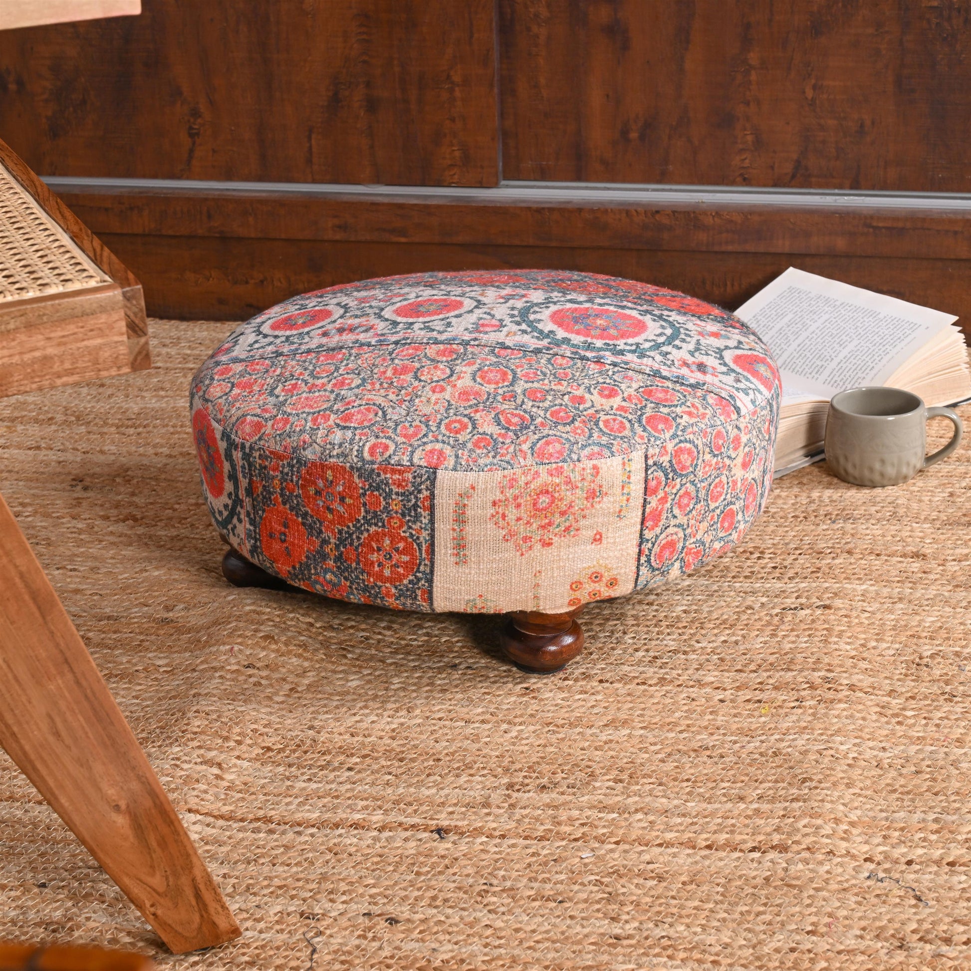 Vintage-Inspired Round Ottoman with Intricate Floral Design - ART AKASHA STUDIO