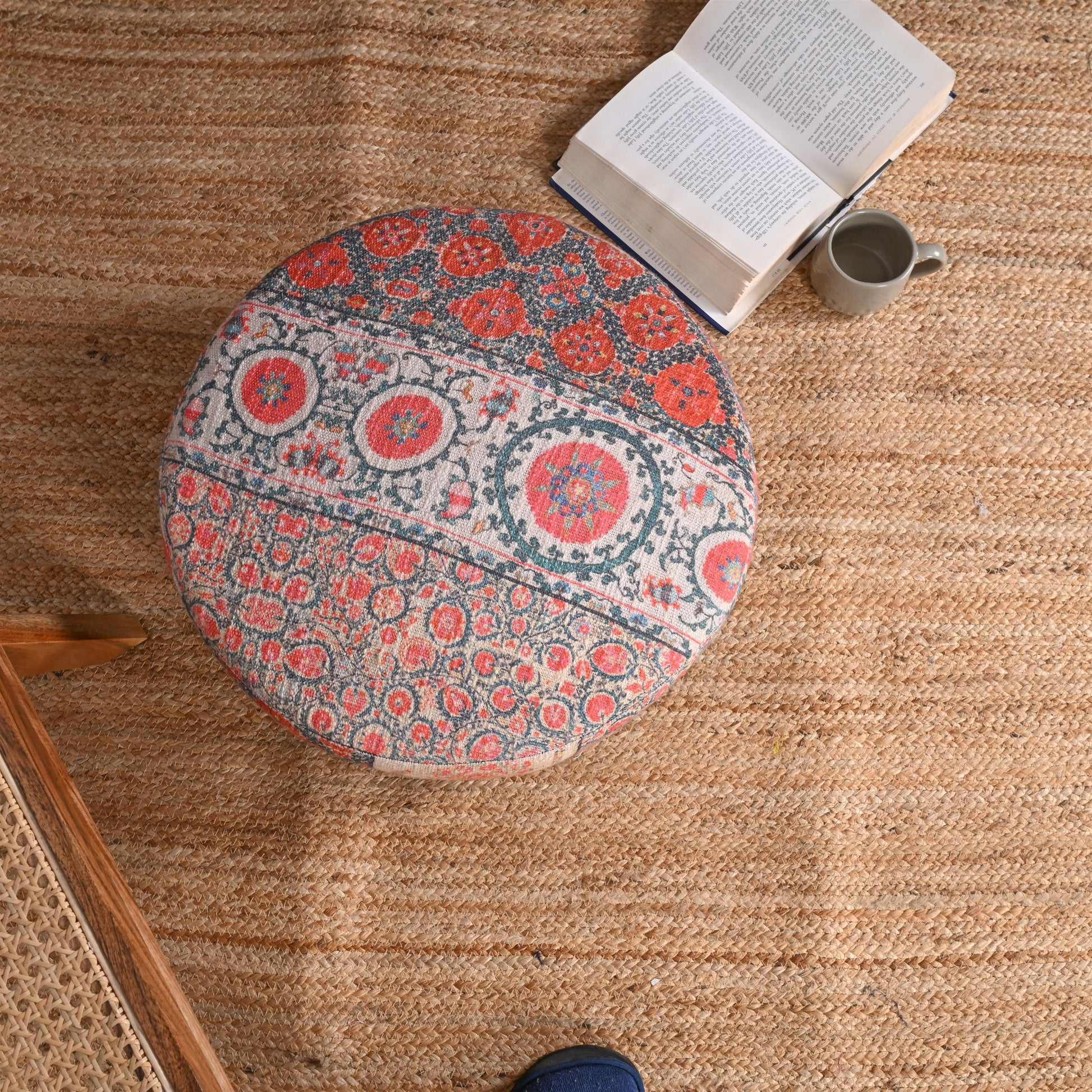 Vintage-Inspired Round Ottoman with Intricate Floral Design - ART AKASHA STUDIO
