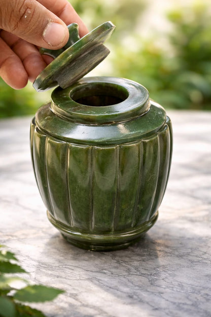 Mughal Colombian Jade Jar with Lid – Handcrafted Natural Jade Stone Storage Jar for Luxury Décor & Gifting