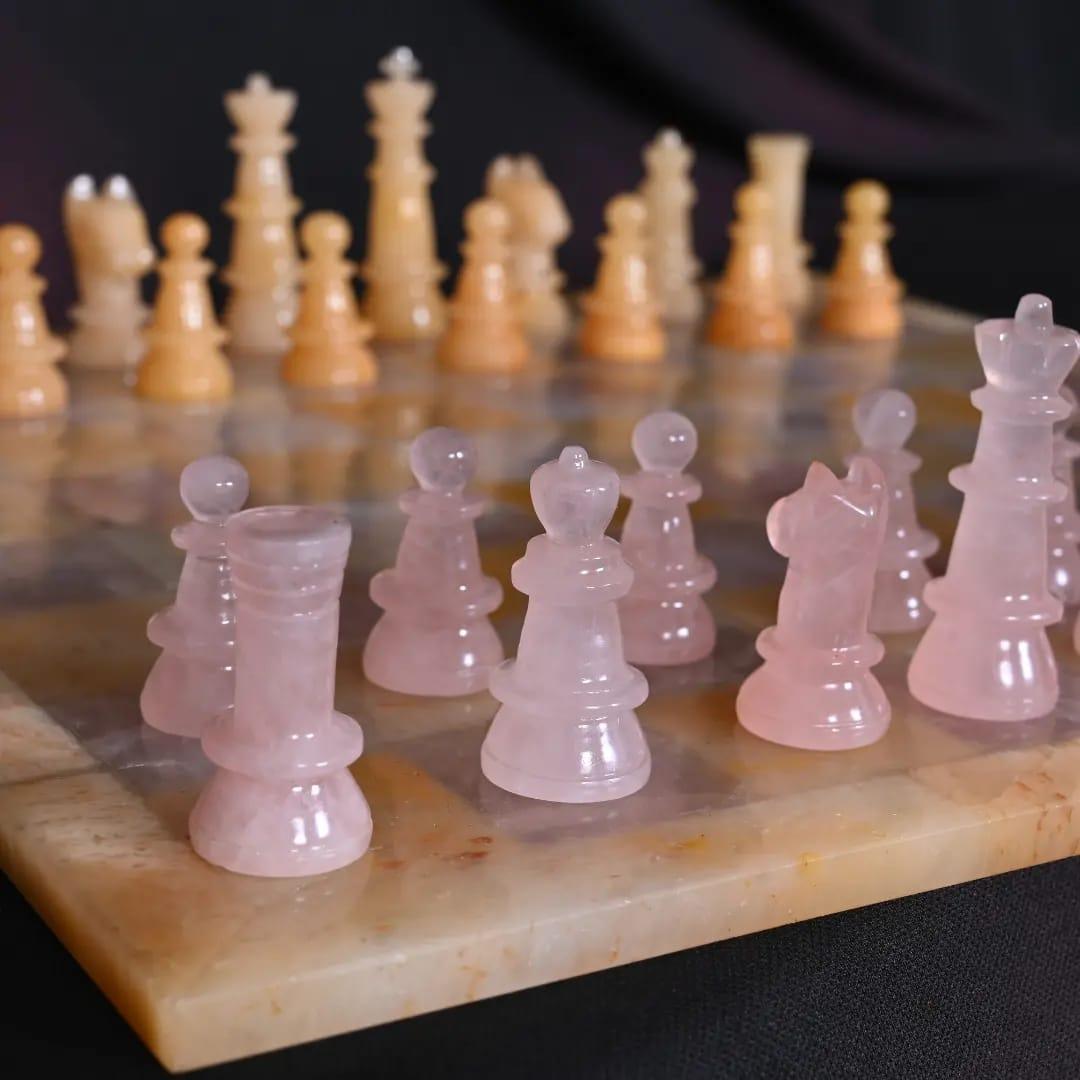 SahajHast Gemstone Chess Set – Handcrafted Yellow Aventurine & Sodalite Stones - ART AKASHA STUDIO