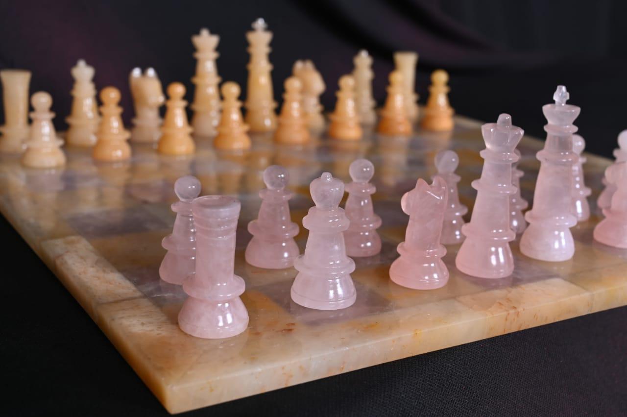 SahajHast Gemstone Chess Set – Handcrafted Yellow Aventurine & Sodalite Stones - ART AKASHA STUDIO
