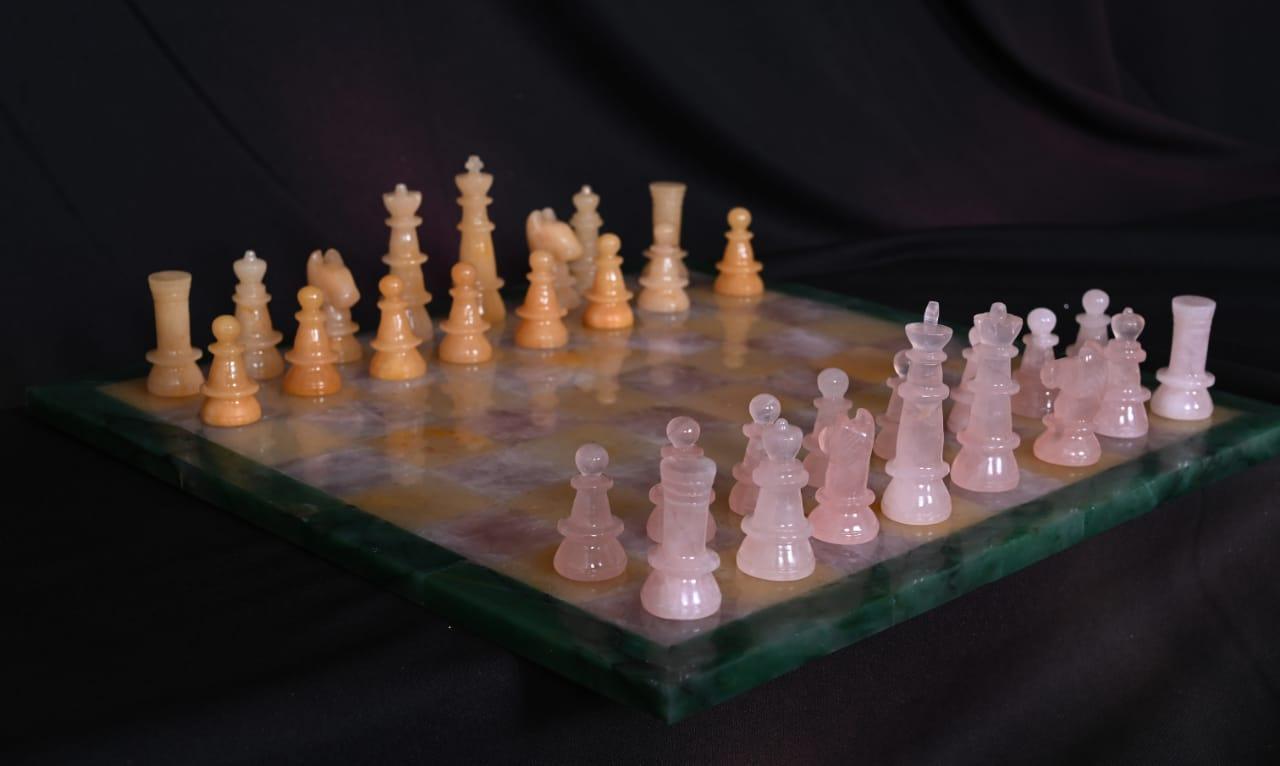 SahajHast Gemstone Chess Set – Handcrafted Yellow Aventurine & Sodalite Stones - ART AKASHA STUDIO