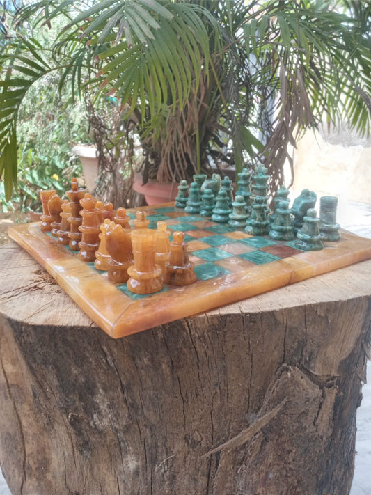 Sahaj Hast Handcrafted Yellow Aventurine & Green Jasper Stone Chess Set – With Brass Stand & Storage Box - ART AKASHA STUDIO