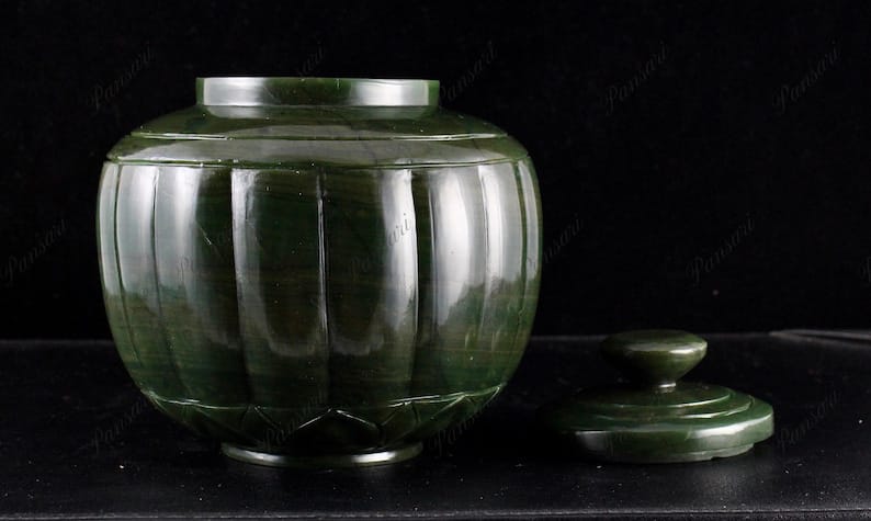Handcrafted Natural Green Moss Agate Carved Pot | 5.5 Inches - ART AKASHA STUDIO