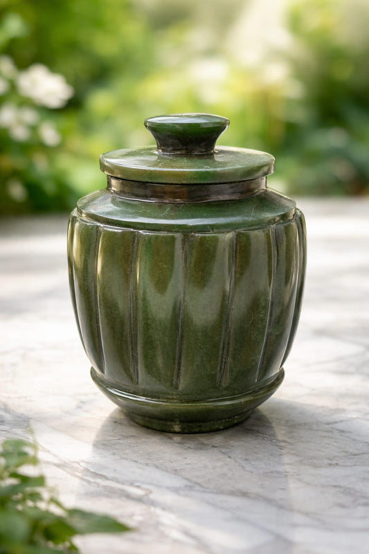 Mughal Colombian Jade Jar with Lid – Handcrafted Natural Jade Stone Storage Jar for Luxury Décor & Gifting