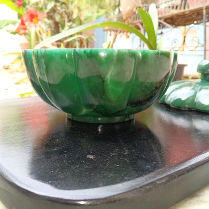 Mughal Green Columbine Jade Bowl with Lid – Handcrafted Natural Jade Stone Decorative Storage Bowl for Luxury Décor & Gifting